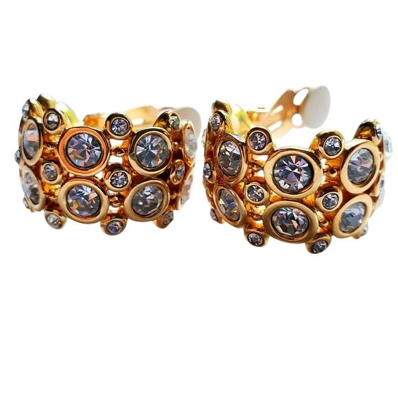 Swarovski Clip On Earrings Crystal Gold Hoop Chunky Bubble 90s Luxury Statement - Picture 6 of 8